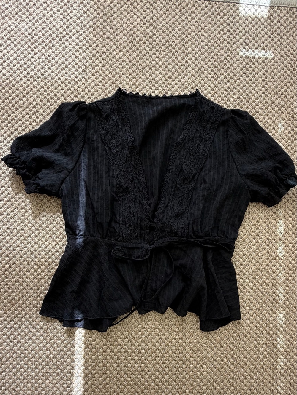 Zara Black Lace-Trim Tie-Front Peplum Blouse size medium